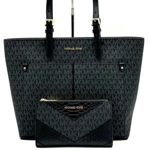 Michael Kors Jet Set Medium Pocket Tote Bag & Double Zip Wallet Black Multi